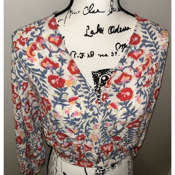 BILLABONG Surplice Safe Bet Blouse Floral Boho Cropped Womens Small Relax Fit - Picture 5 of 13